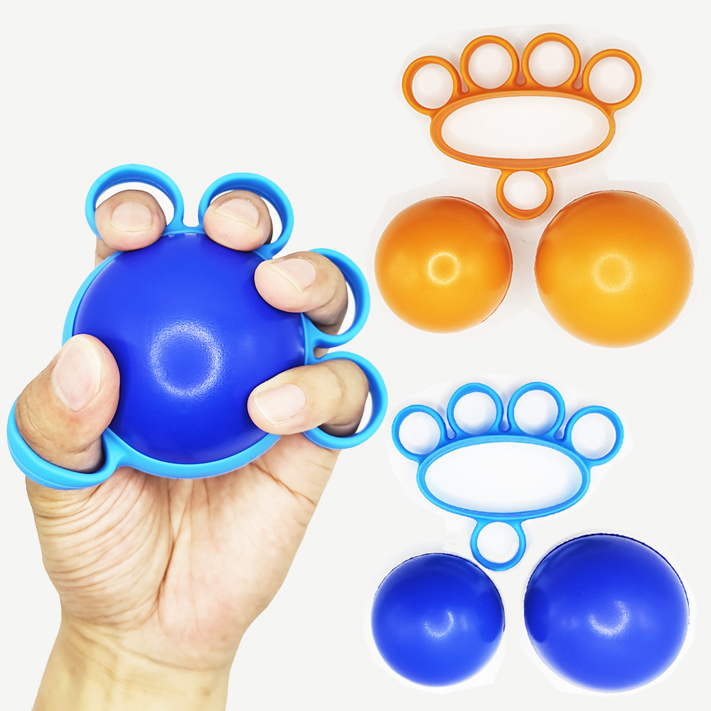 Silicone Finger Grip Trainer Set with Round PU Stress Ball 6cm 7cm, Custom Color & Custom Logo Hand Strengthener Keywords: silicone finger grip trainer, hand strengthener set, finger exercise squeeze ball